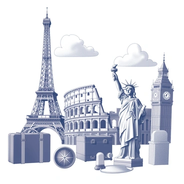 A hand-painted postcard design featuring several iconic landmarks from around the world. Prominently displayed is the Eiffel Tower in Paris, next to the Colosseum in Rome. A silhouette of the Statue of Liberty stands proudly alongside a depiction of Big Ben in London. In the foreground, there are travel elements such as a vintage suitcase and a compass. The background is filled with clouds, providing a sense of depth and wonder. Each landmark is drawn with intricate details, showcasing their unique architectural features.