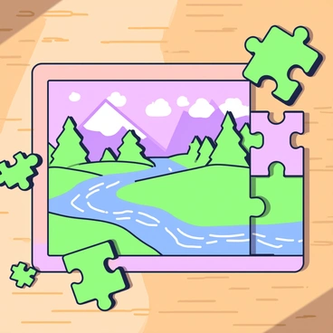 A puzzle set on a wooden table, featuring various pieces interlocking to form a complete image. The image showcases a beautiful landscape with mountains, trees, and a flowing river. Some pieces are partially separated, illustrating how they fit seamlessly into the assembled picture. The table has a few scattered puzzle pieces around the completed puzzle, and natural light casts soft shadows on the table surface.