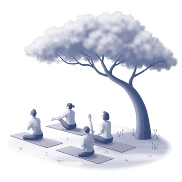 A group of individuals is engaged in a yoga class held outdoors. They are situated on yoga mats arranged on grass beneath a large tree, whose expansive branches provide ample shade. Each participant is in a different yoga pose, demonstrating their focus and dedication. The surrounding environment includes a few scattered wildflowers and the gentle outline of hills in the distance. Soft sunlight filters through the leaves, creating delicate patterns on the ground. 