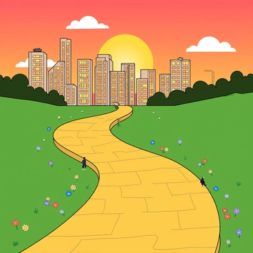 A winding yellow brick road stretches into the distance, its surface gleaming under the warm glow of the sunset. On either side of the road, lush green grass is dotted with colorful flowers in various shades. In the background, a bustling city skyline rises, featuring tall buildings with large windows reflecting the orange and pink hues of the sky. The sunset casts a vibrant glow over the scene, illuminating the road and the city ahead. A few fluffy clouds float in the sky, adding to the lively atmosphere. Small figures of people can be seen walking along the road, heading towards the city, while the silhouettes of trees can be seen at the edge of the scene.