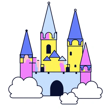 A whimsical palace with multiple towers, each painted in bright, rainbow colors. The palace has a grand entrance with large arched doors. It is surrounded by fluffy white clouds that provide a soft, ethereal backdrop. The towers are intricately designed with spires that reach towards the sky, giving the palace a fantastical appearance.
