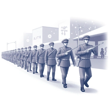 A line of toy soldiers marching in a disciplined formation along a snow-covered street. The soldiers are dressed in traditional military uniforms, each carrying a small rifle, and their faces display a determined expression. The street is lined with snow-dusted buildings, and snowflakes are gently falling from the sky. In the background, there are holiday decorations and faint silhouettes of cheering spectators watching the parade. The ground is blanketed in a thick layer of snow, creating a pristine and uniform white surface.