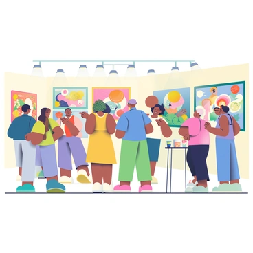 A group of diverse visitors is gathered in a gallery filled with vibrant illustrations. Some attendees are standing closely together, discussing the artwork, while others are moving around, admiring the pieces on the walls. The walls are adorned with various illustrations in different styles and colors, creating a lively atmosphere. A woman with curly hair and a yellow dress is pointing at a colorful illustration, while a man in a blue shirt is nodding in agreement. To the side, a couple is taking a selfie in front of an eye-catching mural. The gallery is brightened by overhead lights, enhancing the colors of the illustrations. A small table with refreshments is set up in the corner, where a few guests are helping themselves to snacks and drinks.