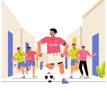 A young boy resembling "Cristiano Ronaldo" is playing soccer on a narrow street. He has short dark hair and is dressed in a red jersey with white shorts. Surrounding him are several friends, each wearing colorful t-shirts and running alongside him. The soccer ball is in motion, and the scene captures the excitement of the game. The street is lined with simple houses, some with colorful doors and small plants. The sky is clear, showcasing a bright day that enhances the energetic atmosphere of the moment.