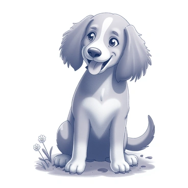 A dog with long, floppy ears that hang down alongside its head. The dog's fur is dense and has a wavy texture. Its face has a friendly expression, with bright eyes and a slightly open mouth, revealing a tongue that is out. The dog is sitting on grass, surrounded by small flowers and patches of dirt, creating a natural setting. Its body is a medium size, and it has a wagging tail that adds to its playful demeanor.