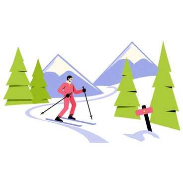 A lone skier in a bright red ski suit navigates down a winding, snow-covered mountain trail. The skier is gliding gracefully on freshly fallen snow, creating a series of smooth tracks behind. Tall pine trees, blanketed in white snow, flank the trail on either side. In the background, majestic snow-capped mountains rise under a clear blue sky, and soft sunlight glimmers off the pristine snow, enhancing the peaceful atmosphere. A small wooden signpost stands nearby, indicating the direction of the trail.