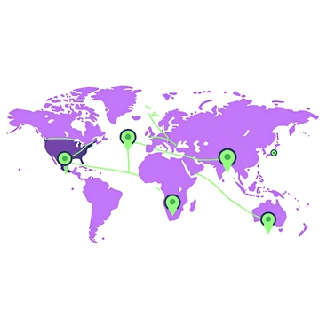A world map is displayed prominently in the center of the image. It features various countries and continents, with clear boundaries delineating each area. Lines in green and purple crisscross the map, connecting major cities across different continents. Each line symbolizes global networking and connectivity. Small markers are placed at the locations of the cities, which include prominent urban centers from different regions of the world. The overall composition emphasizes the interconnectivity of global locations through the intricate web of lines.
