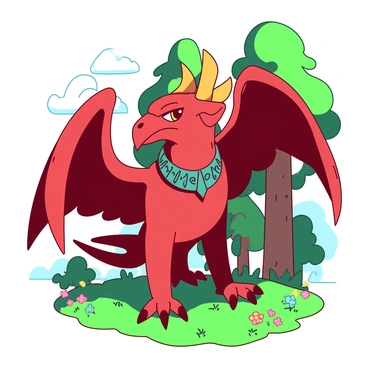 A red griffon with majestic golden wings stands proudly in a lush green forest. The griffon has a sharp beak and fierce golden eyes that reflect determination. Around its neck, it wears a teal collar adorned with intricate designs, signifying its role as a companion character. In the background, there are stylized trees and digital elements that represent a video game world, enhancing the griffon's adventurous aura. The ground is covered with vibrant green grass, and a few colorful flowers peek through, adding charm to the scene.
