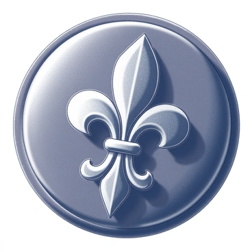 A "fleur-de-lis" emblem prominently displayed at the center of the image. The emblem has intricate detailing and a symmetrical design, showcasing its elegant form. The backdrop is made of "rich velvet fabric" that appears textured and plush, creating a sense of depth. The fabric has subtle folds and drapes, adding to the luxurious feel of the composition. The contrast between the emblem and the background emphasizes the emblem's shape and design.
