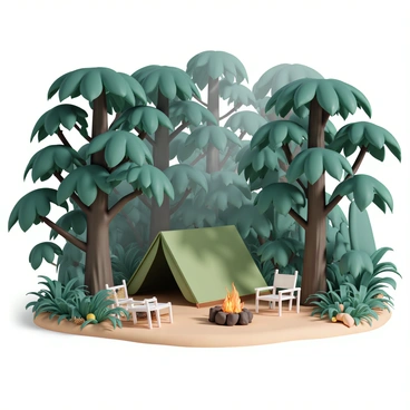 A makeshift camp is set up in the heart of a dense jungle, featuring a small tent made of green and brown materials. The tent is surrounded by towering trees with thick trunks and lush green leaves, creating a natural canopy overhead. Nearby, there is a small campfire with logs arranged around it, and a few camping chairs positioned nearby. The ground is covered in a layer of soft earth and fallen leaves, while vibrant tropical plants and small ferns grow in the surrounding area. Sunlight filters through the tree branches, casting dappled shadows on the campsite.