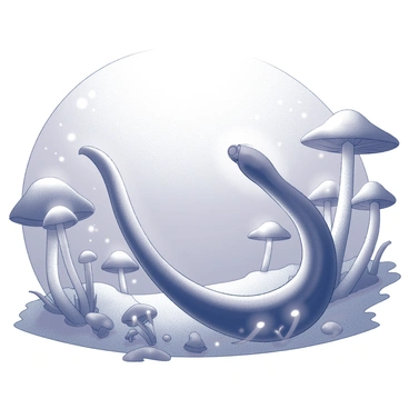 An eel swimming gracefully through an underwater scene. The eel's elongated body twists and turns as it moves. The surroundings are filled with numerous mushrooms emitting a soft, bioluminescent glow. The mushrooms vary in shape and size, with some having long, slender stems and wide, umbrella-like caps, while others are smaller and clustered together. The underwater environment features gentle waves and bubbles rising towards the surface. Light filters through the water, creating a serene atmosphere in the scene.