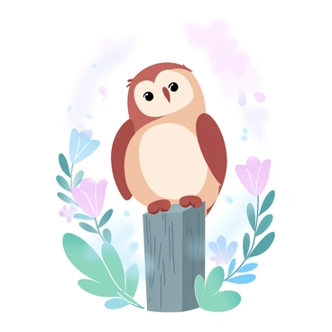 A baby owl with soft, fluffy feathers is perched on a weathered wooden fence post. The owl's large, round body is adorned with a mix of light brown and cream-colored feathers. Surrounding the post are vibrant green leaves and delicate wildflowers gently swaying in the breeze. The background features a softly blurred garden filled with various plants, creating an inviting atmosphere. A gentle sunlight casts a warm glow over the scene, highlighting the owl's curious posture as it looks towards the horizon.