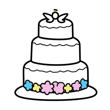 A round baptism cake with multiple tiers. The cake is adorned with intricate designs featuring "angel figures" delicately placed on the top and sides. The surface of the cake is decorated with "pastel-colored flowers" including pink, blue, and yellow blooms, arranged artistically around the base of each tier. Soft, smooth icing covers the entire cake, enhancing its elegant appearance. The cake is set on a simple white platter.