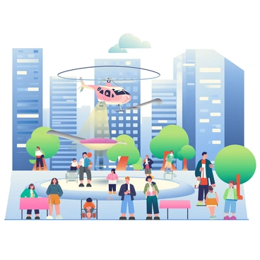 A private helicopter with a sleek, metallic exterior is descending onto a helipad located in the center of a bustling city square. Surrounding the helipad are tall glass buildings reflecting sunlight, showcasing a modern urban landscape. People in business attire and casual clothing are gathered in the square, some looking up at the helicopter with expressions of curiosity. There are trees and benches around the square, and a few street vendors are present, adding color to the scene. The sky above is clear with a few fluffy white clouds, emphasizing the mid-day setting.