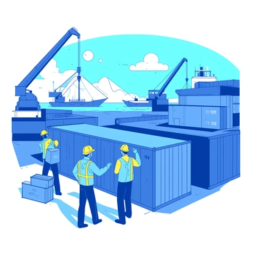Dock workers in safety gear coordinating cargo operations at a seaside port