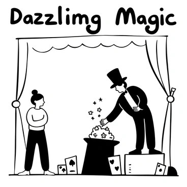 A girl with short hair wearing a casual outfit stands with her arms crossed, watching in amazement. In front of her, a magician dressed in a classic top hat and a tuxedo is performing a dazzling trick. The magician pulls a bouquet of flowers from a hat while standing on a small stage. Surrounding them are various props, including a wand, cards, and a large curtain in the background. The atmosphere is filled with a sense of wonder and excitement. The words "Dazzling Magic" are displayed above the scene.