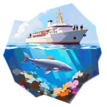 A research vessel with a white hull is anchored in a vibrant blue ocean, surrounded by coral reefs. Scientists aboard are leaning over the railing, their eyes wide with excitement as they gaze into the water. Below the surface, a live coelacanth, with its distinct lobed fins and unique scales patterned in dark blue and gray, can be seen swimming gracefully among the coral. Sunlight filters through the water, illuminating the coelacanth and highlighting its ancient features. The researchers are equipped with diving gear and cameras, capturing this groundbreaking moment of discovery.