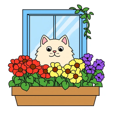 A fluffy Persian cat with long, soft fur in shades of white and cream is peeking out from a wooden window box. The cat's large, round eyes are bright and curious, gazing at the outside world. Surrounding the cat, the window box is overflowing with vibrant flowers, including red geraniums, yellow marigolds, and purple petunias, creating a colorful and lively scene. The window frame is painted a cheerful light blue, and a few green leaves spill over the edge of the box, adding to the natural beauty. Sunlight filters through the window, illuminating the cat's face and the flowers around it.