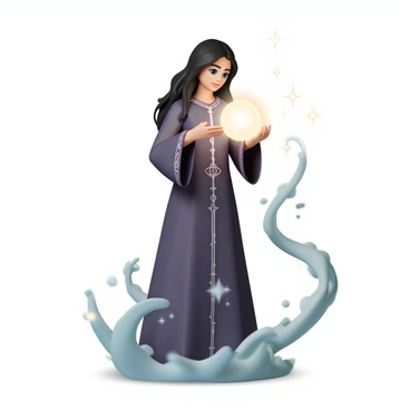 A sorceress, wearing an elegant dark purple robe adorned with silver intricate patterns, stands with her long, flowing black hair cascading down her shoulders. She holds a glowing magical orb in her hands, looking intently into it with piercing green eyes. The orb emits a soft, radiant light that illuminates her face and highlights the delicate features. Surrounding her is a swirling mist, shimmering with hints of blue and silver, creating an ethereal atmosphere. The mist wraps around her feet, and faint sparkles can be seen within it, enhancing the mystical scene.