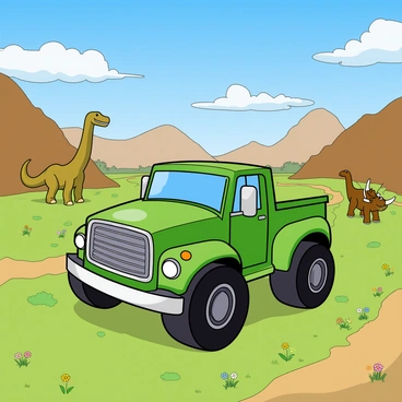 A large green truck with oversized wheels is driving through a wide valley surrounded by steep hills. The truck has a shiny surface and a chrome grill that reflects the sunlight. In the distance, there are several dinosaurs, including a tall Brachiosaurus with a long neck and a smaller Triceratops with three prominent horns. The valley is filled with lush green grass and scattered colorful wildflowers. The sky above is bright blue with fluffy white clouds floating leisurely. The scene captures a vibrant, adventurous atmosphere filled with dynamic movement.
