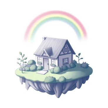 A small, lush floating island is positioned in the sky. The island is covered in dense greenery with various types of plants, including tall grass and small bushes. At the center of the island, there is a cute cottage with a thatched roof and a quaint front door. The cottage features a small chimney and a window with flower boxes. A rainbow arches above the island, stretching across the sky with its vibrant colors. The scene is serene, emphasizing the enchanting atmosphere of the floating island and its charming cottage.