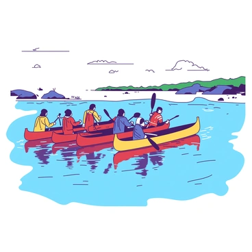 Several colorful canoes are racing across a clear lake, each paddle moving energetically through the water. The canoes are manned by Inuit paddlers, wearing traditional clothing that showcases rich textures and patterns. The reflection of the vibrant canoes dances on the surface of the lake, creating a dynamic visual. In the background, the calm shoreline features scattered rocks and patches of green vegetation. The sun casts bright light on the scene, enhancing the clarity of the water and the excitement of the race.