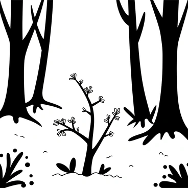 Delicate "lichen" clinging to a "thin branch" in a "forest." The "branch" is adorned with small, intricate "lichen" structures that show fine details. Surrounding the "branch" are blurred outlines of tall trees and a textured ground covered with fallen leaves. Shafts of light break through the canopy above, creating a dappled effect on the surroundings.