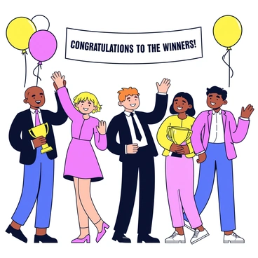 A group of five individuals stands together at a celebratory award ceremony. They are all wearing formal attire, with two members in sleek black suits and three in elegant dresses in various colors. One person is holding a large trophy with a shiny golden finish, while another is raising their hands in excitement. Balloons and streamers in the background add to the festive atmosphere. A banner hangs above that reads "Congratulations to the Winners!" in bold letters. The expressions on their faces reflect joy and pride as they enjoy the moment of victory.