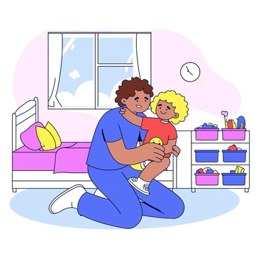 A parent with short brown hair is kneeling down to give a child a warm hug. The parent is wearing a blue t-shirt and jeans. The child has curly blonde hair and is wearing a red shirt with a yellow smiley face. They are in a bright bedroom with a neatly made bed and toys organized in bins. The walls are painted a soft pastel color, and a window allows sunlight to stream in, creating a cheerful atmosphere.