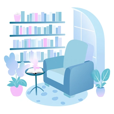 A plush armchair with soft cushions is positioned in a cozy reading nook surrounded by wooden bookshelves filled with various books. A small table sits beside the armchair, holding an open book and a steaming cup of tea. A warm light emanates from a small lamp on the table, casting a gentle glow over the scene. A plush, patterned rug covers the floor, adding to the warmth of the space, while a few potted plants are strategically placed around the nook, enhancing the inviting atmosphere.
