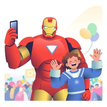 Ironman, in his iconic red and gold armor, is standing beside a young fan. The young fan, with curly hair and wearing a blue superhero costume, is smiling widely. They are both holding a smartphone at arm's length to capture a selfie. Ironman's helmet is slightly tilted down, reflecting the bright sunlight, while the fan raises their hands in excitement. In the background, a vibrant crowd can be seen, with colorful banners and balloons adding to the festive atmosphere.