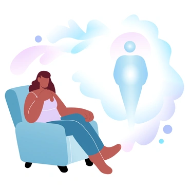 A therapy session where the amygdala is represented as a supportive figure guiding the person toward emotional healing.