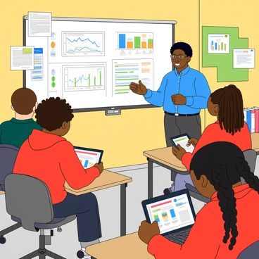 A teacher with medium skin tone and short black hair stands in front of a smart board in a modern classroom. The teacher is wearing glasses and a blue shirt, and gestures towards the board, which displays colorful graphs and educational content. In the foreground, several students of diverse ethnicities are seated at their desks, each focusing intently on their own tablets or laptops. One student has curly hair and wears a red hoodie, while another student with long braids is taking notes on a digital device. Brightly colored posters and charts decorate the walls, creating an inviting learning environment. The classroom is filled with modern furniture, including ergonomic chairs and collaborative workspaces, enhancing the engaging atmosphere of the digital lesson.