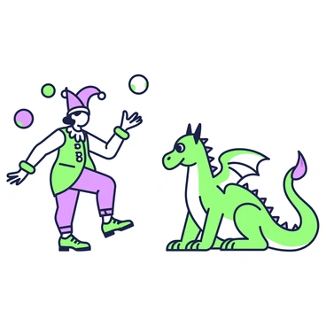 A jester is performing in front of a curious dragon. The jester is wearing a multi-colored outfit with bells jingling on their hat. They are balancing on one foot while juggling three colorful balls, one in the air and two in their hands. The dragon, with shimmering scales and large, inquisitive eyes, is sitting on its haunches, leaning forward in fascination. Its wings are partially unfurled, showcasing their intricate patterns. The scene captures the interaction between the lively jester and the captivated dragon.