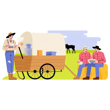 A cowgirl wearing a wide-brimmed hat and a checkered shirt is standing by a wooden chuck wagon. She has brown leather boots and denim jeans. The chuck wagon features a large canvas covering and is filled with pots and pans. She is serving steaming bowls of hearty stew to two fellow ranch workers sitting on hay bales nearby. The workers are wearing plaid shirts and cowboy hats. The scene is set outdoors, with a clear blue sky and green grass in the background. A few grazing horses are visible in the distance.
