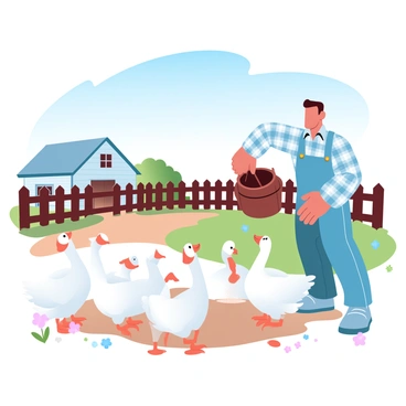 A farmer wearing a plaid shirt and overalls is pouring feed from a wooden bucket into a pile on the ground. A group of geese is gathered around the feed, their feathers in shades of white and gray. The barnyard is surrounded by a wooden fence and has a weathered barn in the background. There are patches of green grass and a few scattered wildflowers near the geese. A bright blue sky is visible above, adding to the vibrant atmosphere of the scene.