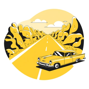 A long desert highway stretches into the distance, bordered by sparse, dry vegetation and rocky terrain on either side. The asphalt of the road reflects heat waves rising from the ground. A classic car, sleek and vintage, speeds down the highway, its shiny surface catching the sunlight. The car features distinct, stylish lines, with round headlights and a streamlined body. Above, a clear sky occupies the background, with no clouds in sight, emphasizing the vast open space of the desert landscape.