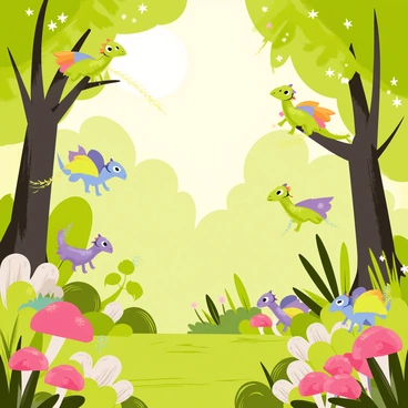 A mystical forest filled with vibrant green trees and colorful flowers. Tiny dragons, each with shimmering scales in various hues such as blue, green, and purple, playfully flutter among the blossoms. Some dragons are perched on tree branches, while others are zipping through the air, leaving trails of sparkles behind them. The forest floor is dotted with clusters of mushrooms and soft moss, creating a lush environment for the dragons to explore. Sunlight filters through the foliage, casting dappled shadows on the ground.