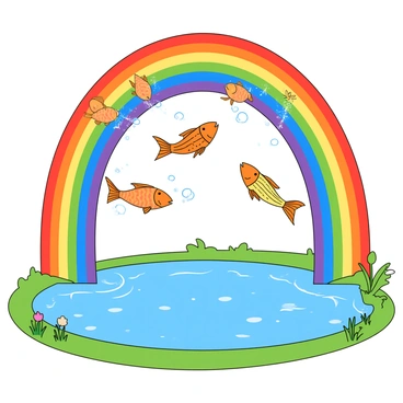 A colorful rainbow arcs gracefully across the sky, its vibrant colors creating a beautiful backdrop. Below, a shimmering pond reflects the light of the rainbow, causing the water to sparkle. Several fish, depicted in various shades of bright colors, are leaping joyfully through the curved arches of the rainbow. Each fish has distinct patterns and shapes, with fins splashing water droplets as they soar through the air. The pond is surrounded by lush green grass and a few wildflowers, adding to the lively atmosphere.