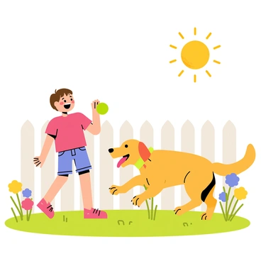 A child with short brown hair is laughing joyfully as they play fetch with a golden retriever in a sunny backyard. The child is wearing a bright red t-shirt and denim shorts. The dog is caught mid-run, with its tongue out and a bright green ball in its mouth. Surrounding them are colorful flowers and a white picket fence. The sun shines brightly, casting playful shadows on the grass.