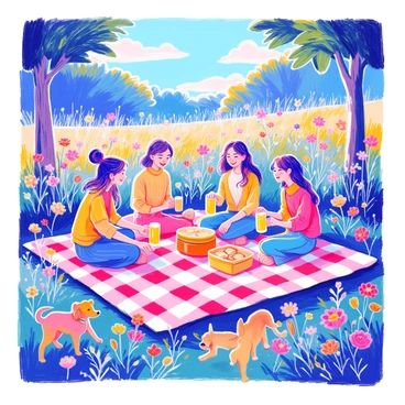 A group of friends is seated on a large checkered picnic blanket spread out on the grass. They are smiling and laughing together, surrounded by various colorful wildflowers blooming around them. One friend is pouring lemonade from a pitcher into glasses, while another is unwrapping sandwiches from a basket. A dog is playfully running around nearby, and a blue sky with a few fluffy clouds is visible overhead. In the background, trees with green leaves create a natural border to the scene.