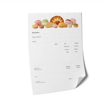 An invoice with a clean layout and neatly organized sections. The top of the invoice features beautifully drawn pastries, including a croissant, an elaborate cake, and a selection of colorful macarons. Surrounding the pastries are illustrated baked goods, such as cookies and loaves of bread, adding a decorative touch. The text on the invoice is clearly legible, and the overall design showcases the artistic elements without overpowering the important details of the invoice.