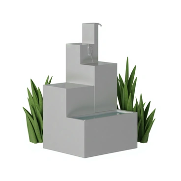 A water fountain where water flows over cascading 3D boxes