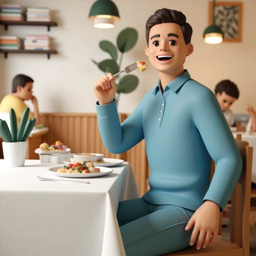 A happy customer, wearing a blue shirt and denim jeans, is sitting at a wooden table in a cozy restaurant. They are holding a fork with a piece of food, and a big smile is on their face, showing joy and satisfaction. The table is set with a white tablecloth, and there are colorful dishes of food in front of them, including a plate of pasta and a salad. Soft, warm lighting illuminates the scene, enhancing the inviting atmosphere of the restaurant. In the background, there are other diners and decor that adds to the cozy ambiance, such as bookshelves and potted plants.