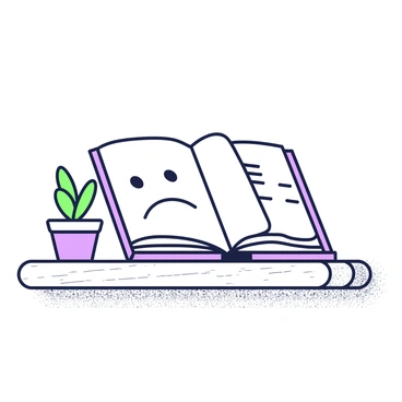 An open book is resting on a dusty shelf, its pages slightly bent. On the left page, there is a drawn expression in the form of a sad face, featuring downturned eyes and a frown. The book has a worn cover, and the shelf is made of aged wood, showing visible dust particles settled on its surface. A solitary, small plant sits in a pot beside the book, adding to the sense of isolation. The lighting highlights the textures of the book and shelf, emphasizing the atmosphere of loneliness.