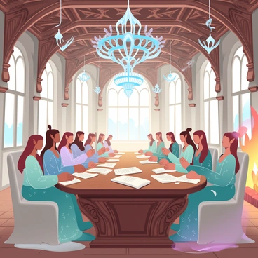 A large grand hall is filled with elegantly dressed elves seated at a long, intricately carved wooden table. The elves have long flowing garments in various shades of green and silver, with delicate patterns woven into the fabric. Above them, a high ceiling adorned with intricate woodwork showcases hanging chandeliers made of crystals that catch the light. Scrolls and quills are scattered on the table, indicating discussions about important matters. Large windows line the walls, allowing soft, natural light to illuminate the scene. A warm glow radiates from a fireplace at one end of the hall, adding to the grand atmosphere.