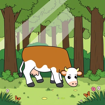 A brown and white cow with big, expressive eyes is wandering through a dense forest filled with tall, green trees that reach high into the sky. Sunlight filters through the leaves, casting playful shadows on the ground. The cow appears curious, grazing on some vibrant green grass peeking through the foliage. Around the cow, there are patches of colorful wildflowers dotting the forest floor, and a few butterflies fluttering nearby. The atmosphere is filled with a sense of wonder and exploration.