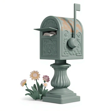 An antique Victorian-style mailbox, featuring a classic curved design and ornate details. The mailbox is made of aged cast iron, showcasing intricate ironwork patterns, including floral motifs and swirls. It stands on a sturdy base, with a decorative post that complements the mailbox's design. The surface is weathered, displaying patches of rust and a rich patina, while the mailbox lid is slightly ajar, revealing a glimpse of old letters inside. Surrounding the mailbox is a well-kept garden with blooming flowers and green foliage, enhancing the nostalgic charm of the scene.
