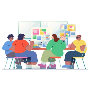 A group of four high school students is gathered around a large wooden table, collaborating on a social studies project. Two students are actively discussing ideas, one with short curly black hair wearing a red t-shirt, and the other with long straight brown hair in a blue sweater. A third student, with glasses and a green hoodie, is writing notes on a notepad, while the fourth student, with a buzz cut and a yellow shirt, is pointing at a large poster covered in colorful charts and images. The table is cluttered with markers, textbooks, and a laptop open to a webpage related to their project. Sunlight streams in through a window, casting a warm glow over the scene.