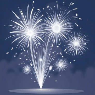 A night sky filled with a vibrant display of fireworks. Various shapes and patterns explode above, with bursts radiating outward. The flames create a dazzling effect as they light up the darkness. Different sizes and forms of fireworks intersperse, showcasing a dynamic scene of illumination against the backdrop of the night.